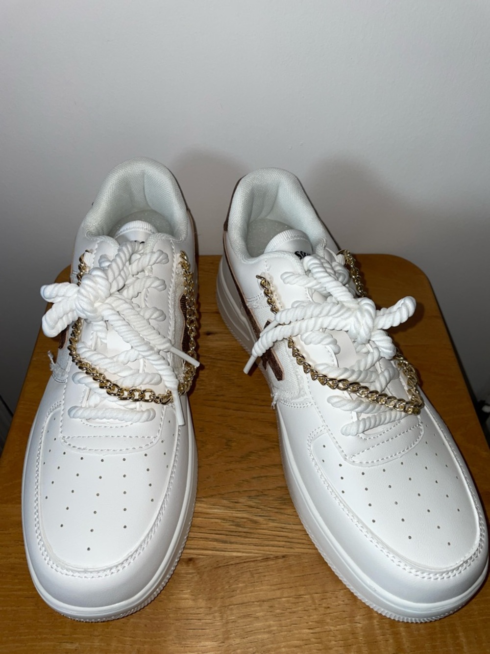 White Platform Sneakers Faux Gold Chain Accents Size 10.5 | Chunky Streetwear
